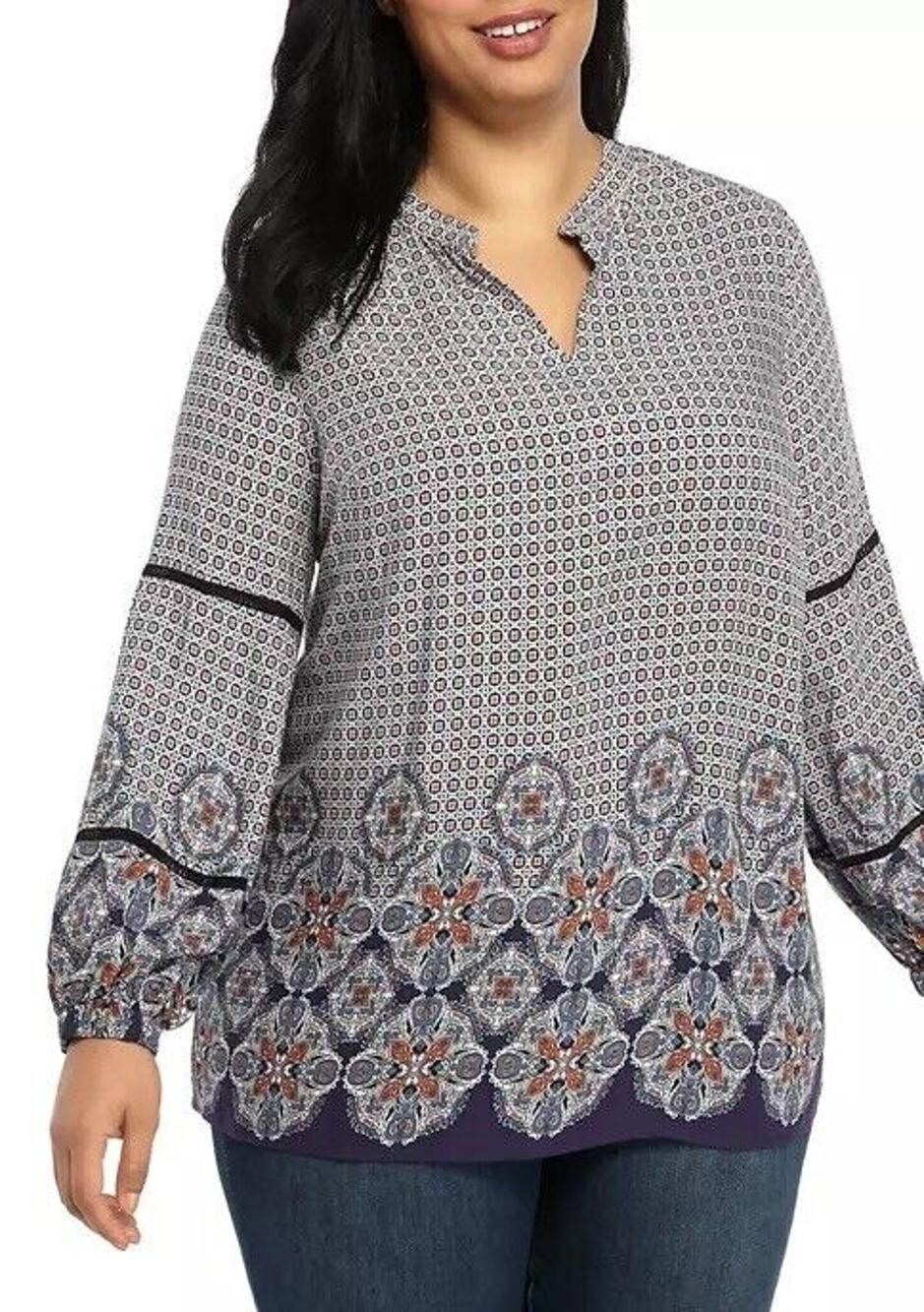 New Directions Flowy Peasant Tunic Blouse Blue Print Women’s Plus Size 1X NWT